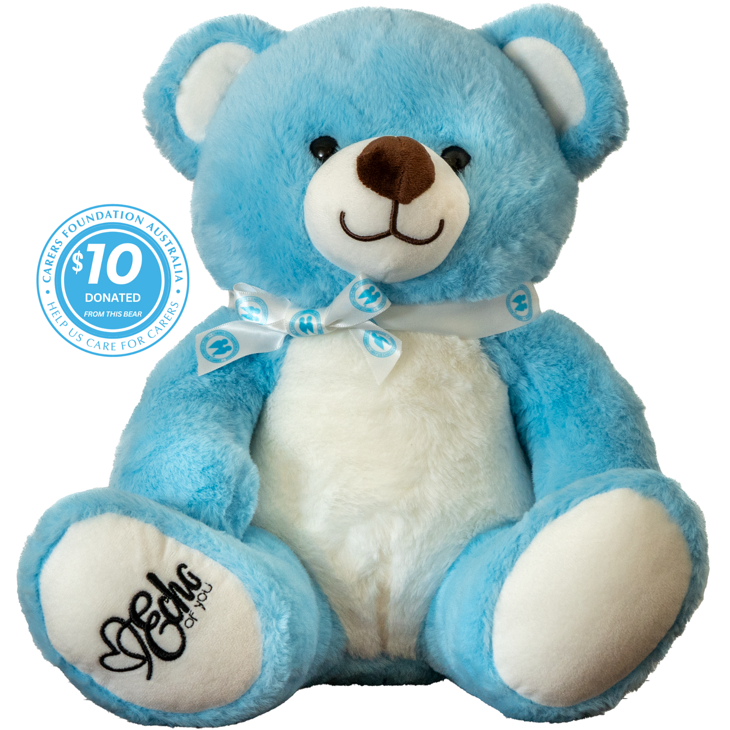 Blue teddy bear with a white chest, wearing a bow tie, on a white background.