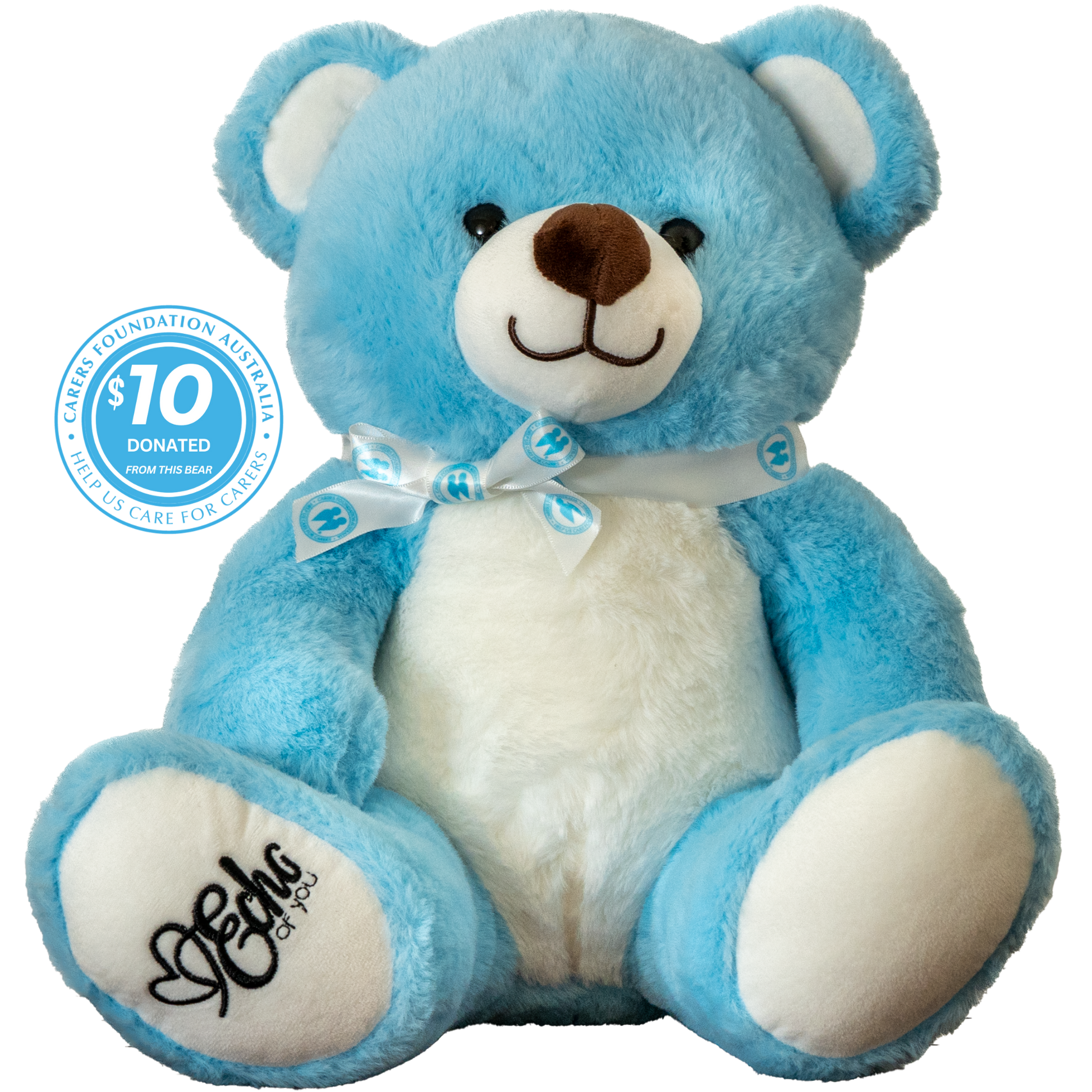 Blue teddy bear with a white chest, wearing a bow tie, on a white background.