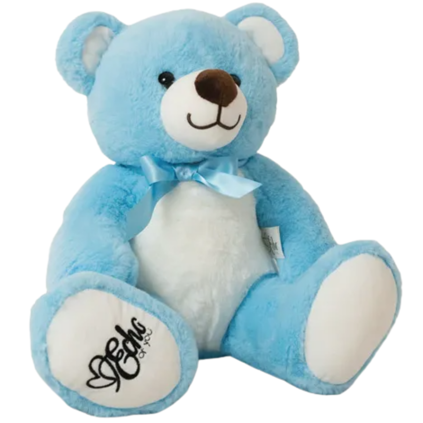 Blue teddy bear with a white belly and a bow tie on a white background
