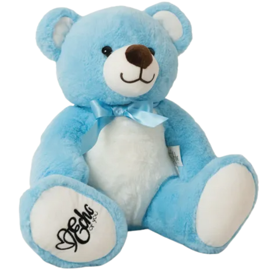 Blue teddy bear with a white belly and a bow tie on a white background