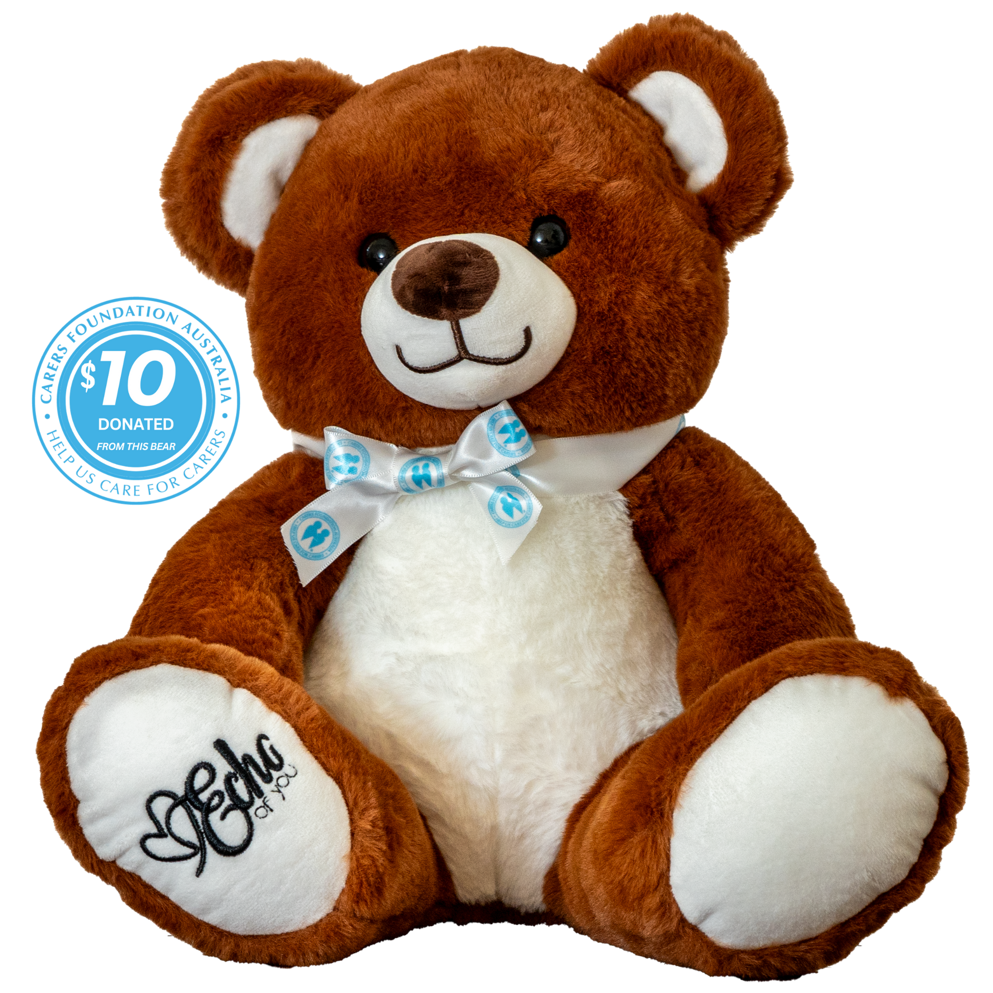 Brown teddy bear with a white bow tie and 'Carers Foundation' logo on a white background