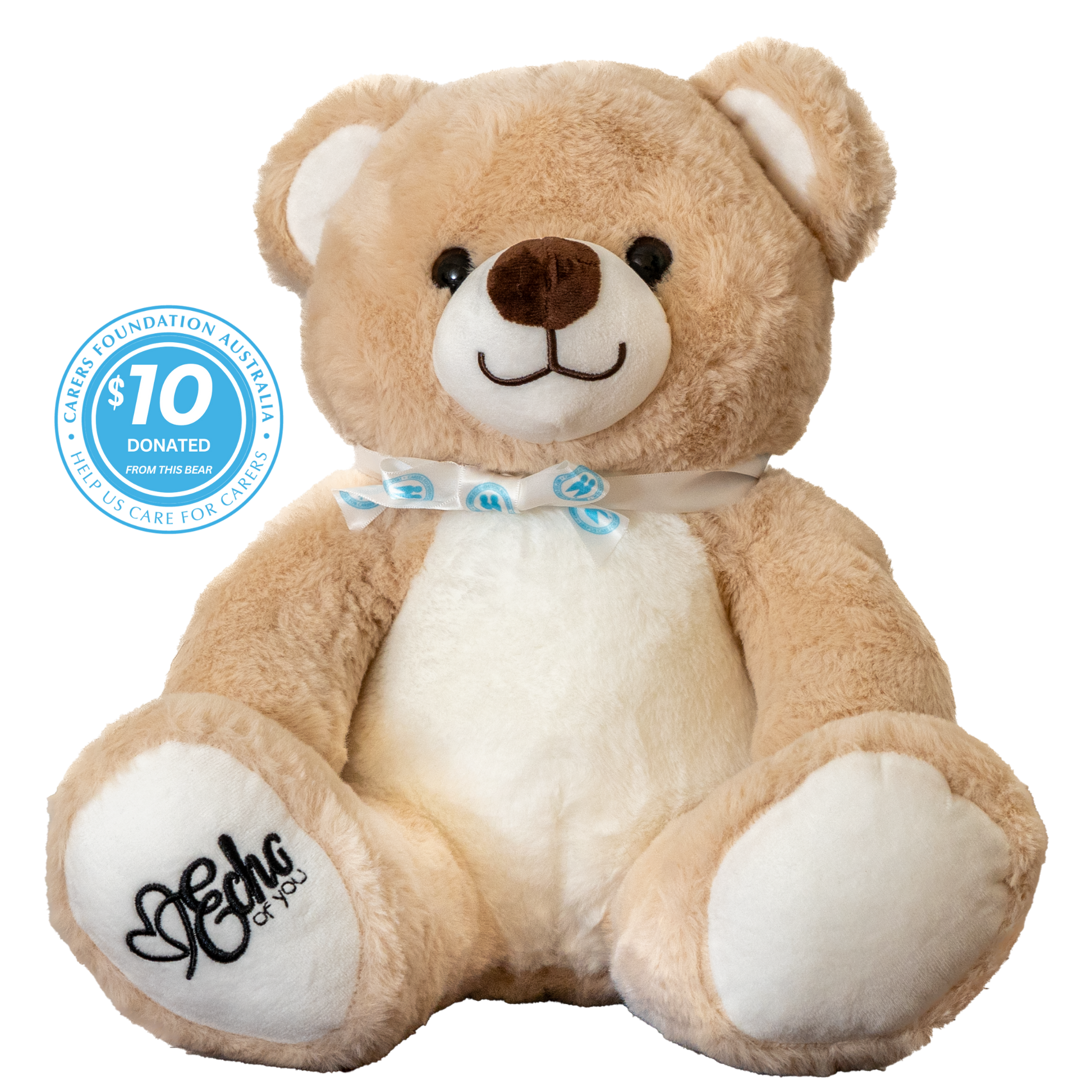 Plush teddy bear with a bow tie and a visible donation label on a white background