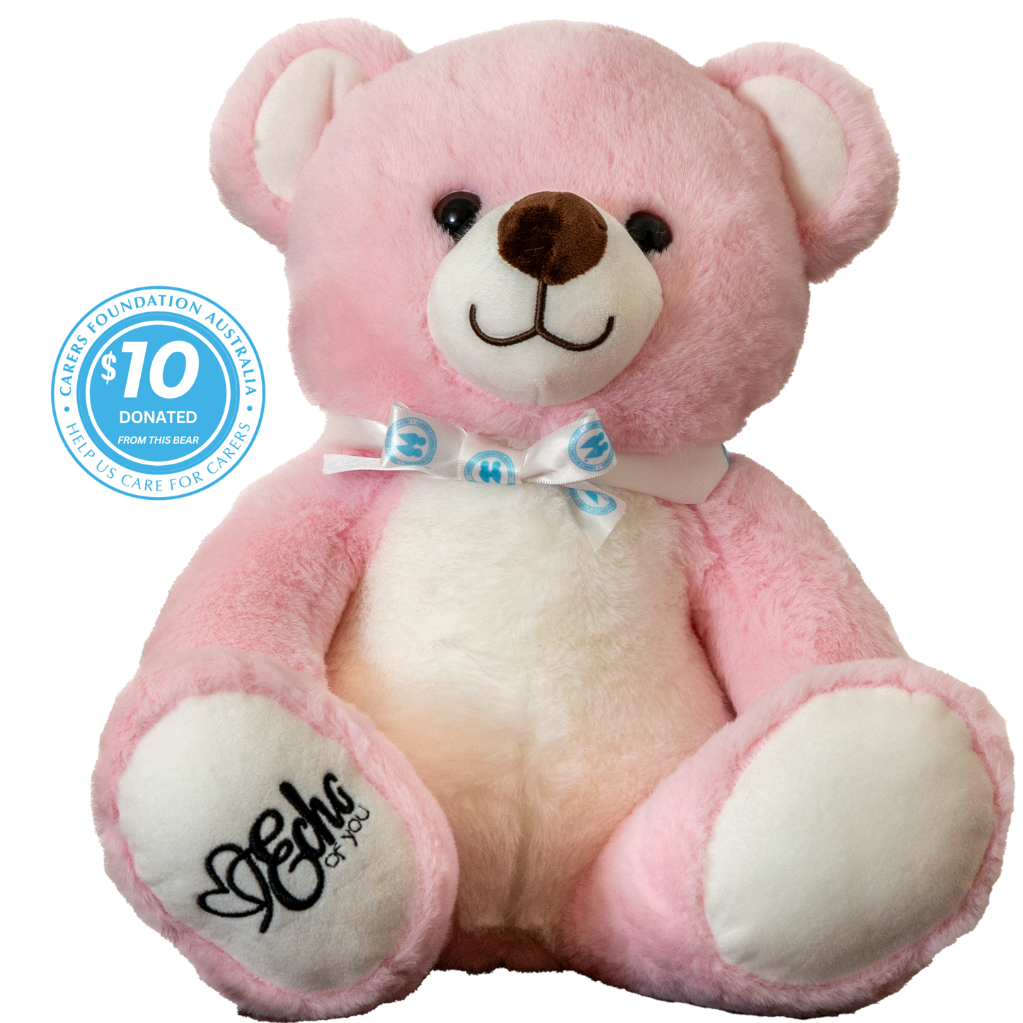 Pink teddy bear with a bow tie and 'Care'a' logo on a white background
