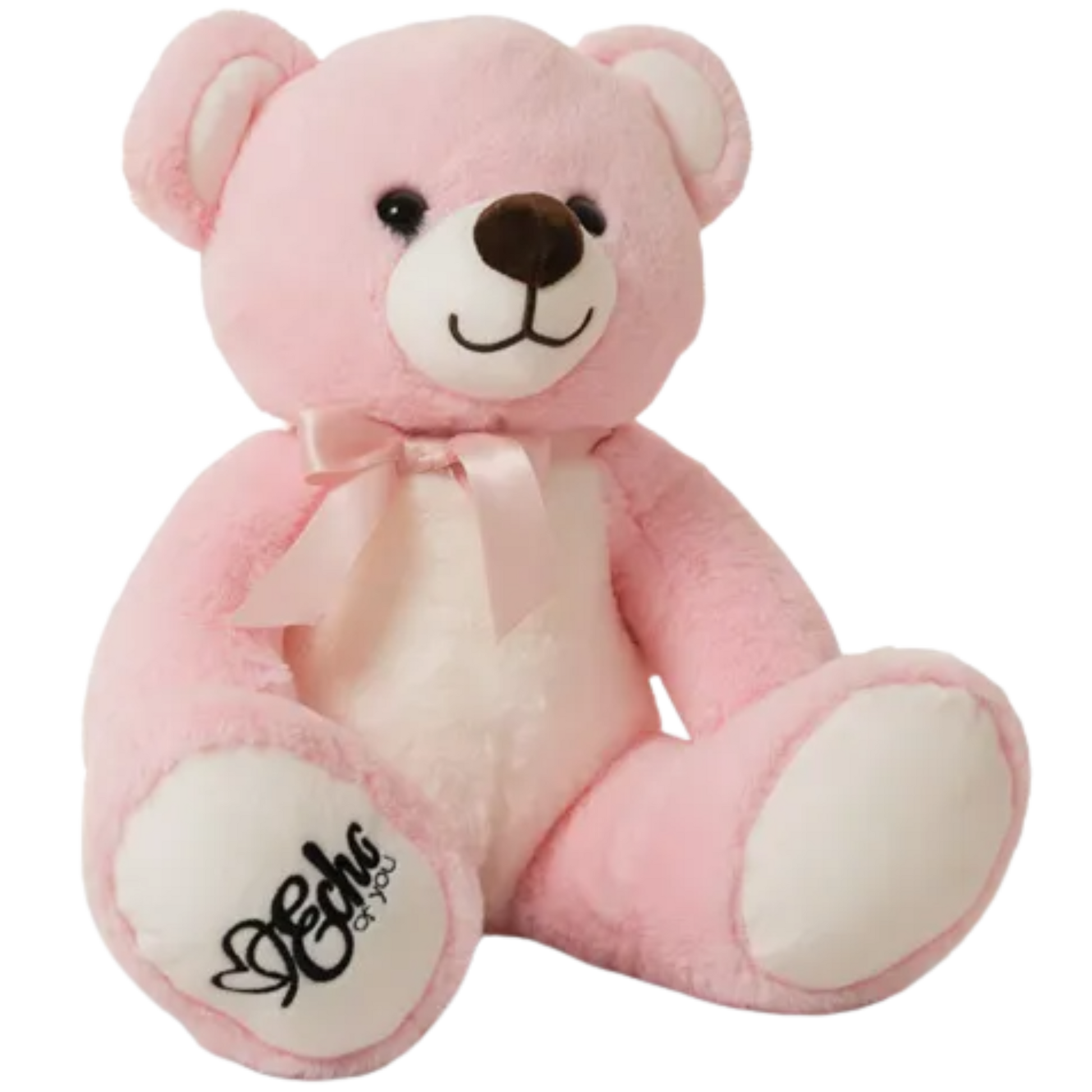 Pink teddy bear with a bow and visible branding on a white background