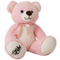 Pink teddy bear with a bow and visible branding on a white background
